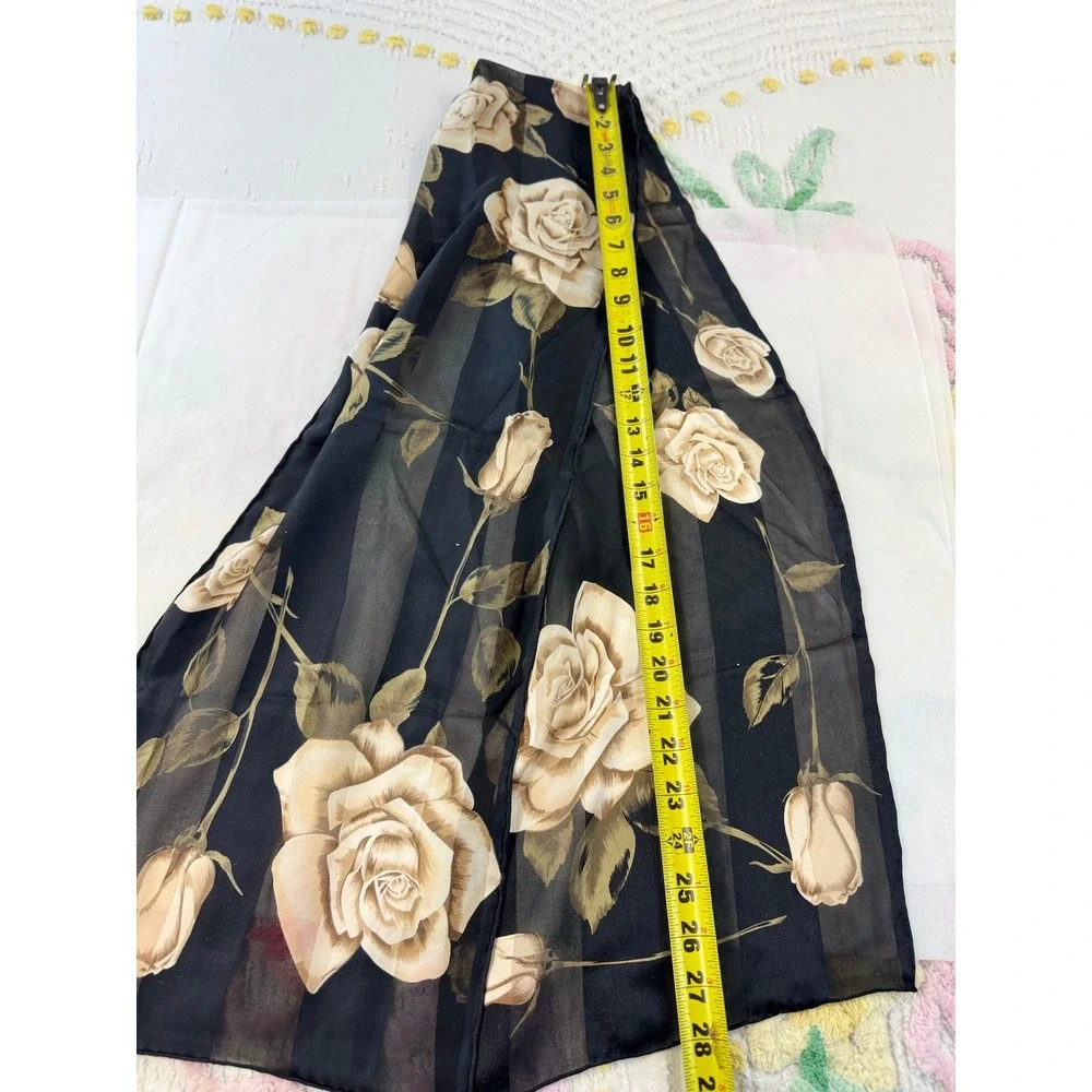 Vintage Sheer Black Floral Rose Print Scarf Cream Tan Striped Rectangular Wrap
